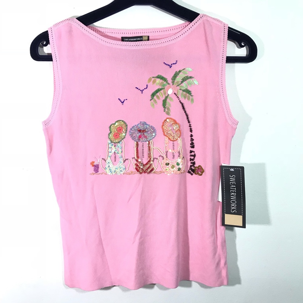 Sweaterworks | short sleeve pink beaded top large